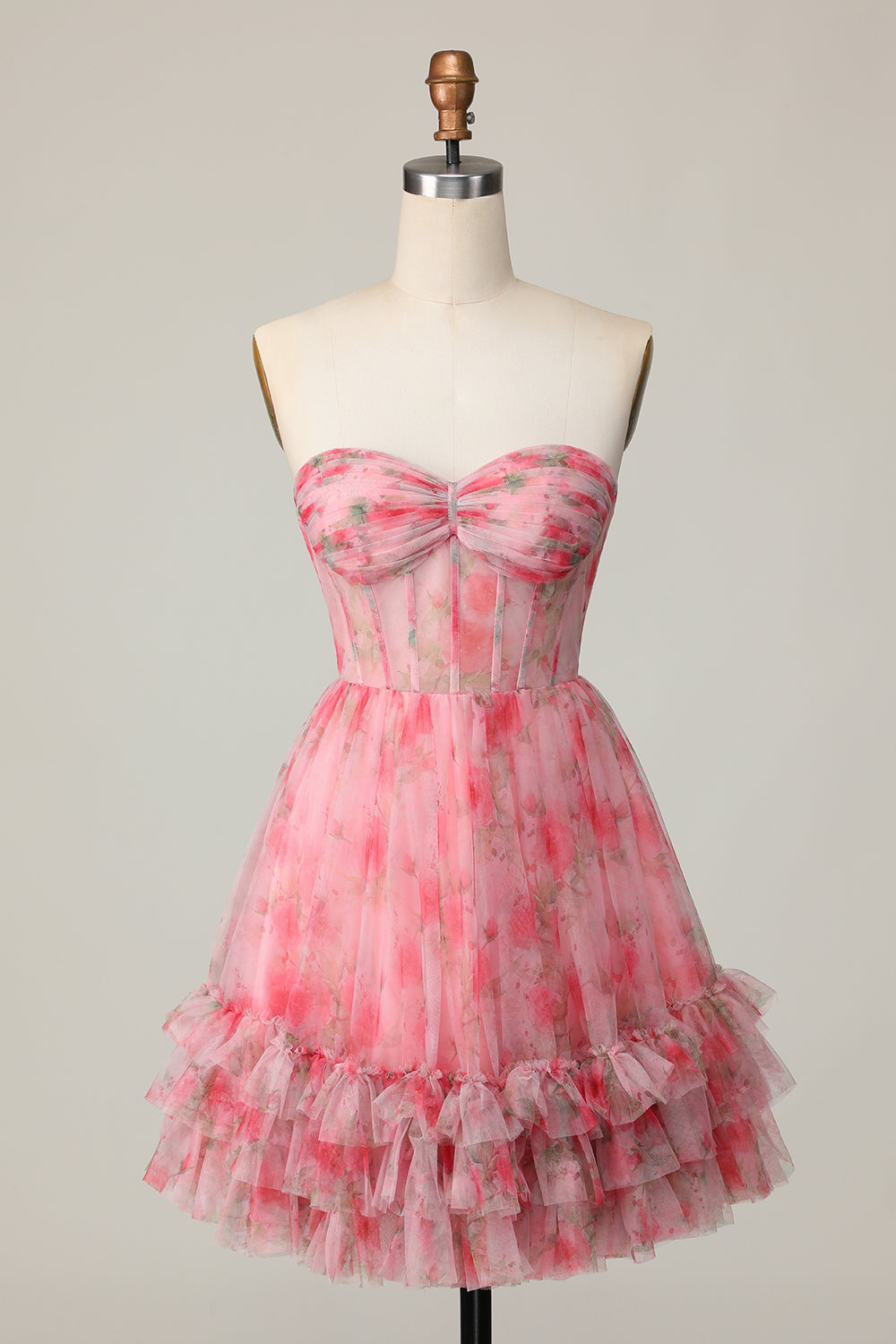 Red Floral Sweetheart Short Corset Homecoming Dress with Ruffles