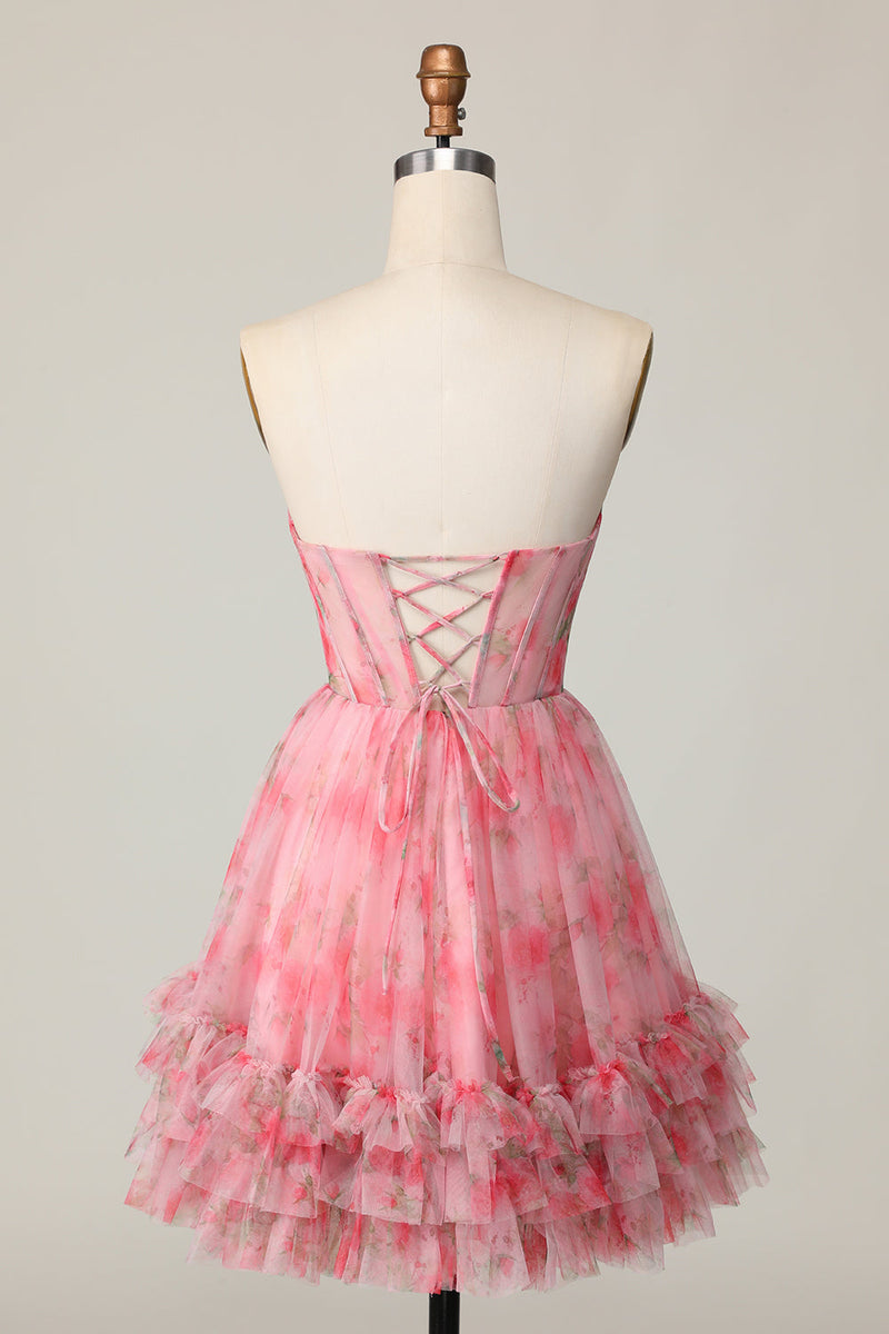Load image into Gallery viewer, Red Floral Sweetheart Short Corset Homecoming Dress with Ruffles