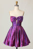 Load image into Gallery viewer, Dark Purple Strapless Metallic Corset Short Homecoming Dress with Bow