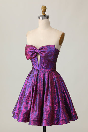 Dark Purple Strapless Metallic Corset Short Homecoming Dress with Bow
