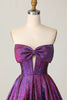 Load image into Gallery viewer, Dark Purple Strapless Metallic Corset Short Homecoming Dress with Bow