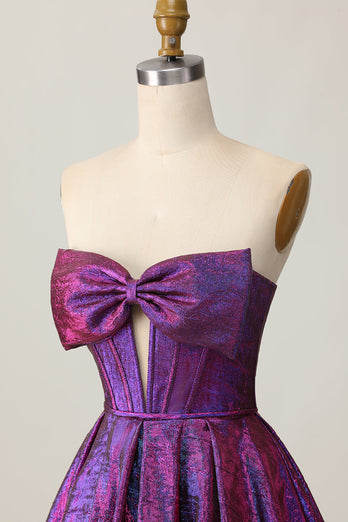 Dark Purple Strapless Metallic Corset Short Homecoming Dress with Bow