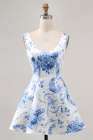 Load image into Gallery viewer, White and Blue Floral Scoop Neck Short Satin Homecoming Dress