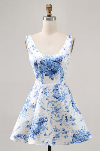 White and Blue Floral Scoop Neck Short Satin Homecoming Dress