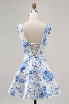 White and Blue Floral Scoop Neck Short Satin Homecoming Dress
