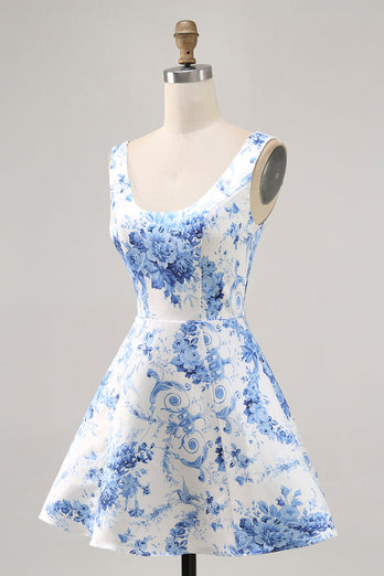White and Blue Floral Scoop Neck Short Satin Homecoming Dress
