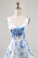 Load image into Gallery viewer, White and Blue Floral Scoop Neck Short Satin Homecoming Dress