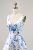 Load image into Gallery viewer, White and Blue Floral Scoop Neck Short Satin Homecoming Dress