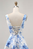 Load image into Gallery viewer, White and Blue Floral Scoop Neck Short Satin Homecoming Dress