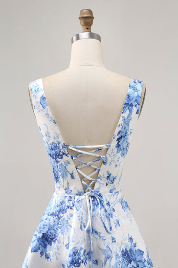 White and Blue Floral Scoop Neck Short Satin Homecoming Dress