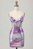 Load image into Gallery viewer, Silver Purple Metallic Bodycon Spaghetti Straps Short Homecoming Dress