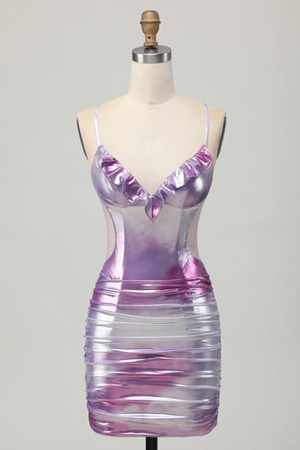 Silver Purple Metallic Bodycon Spaghetti Straps Short Homecoming Dress