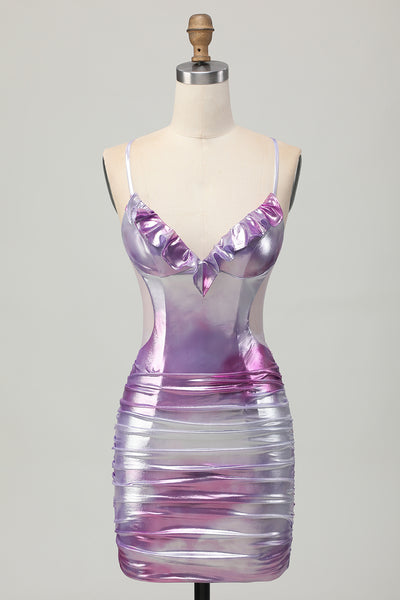 Silver Purple Metallic Bodycon Spaghetti Straps Short Homecoming Dress