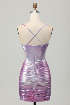 Silver Purple Metallic Bodycon Spaghetti Straps Short Homecoming Dress