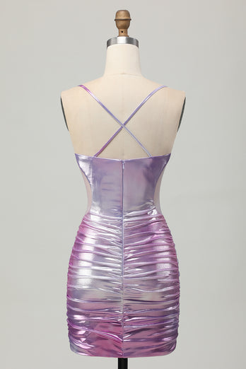Silver Purple Metallic Bodycon Spaghetti Straps Short Homecoming Dress
