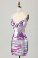 Load image into Gallery viewer, Silver Purple Metallic Bodycon Spaghetti Straps Short Homecoming Dress