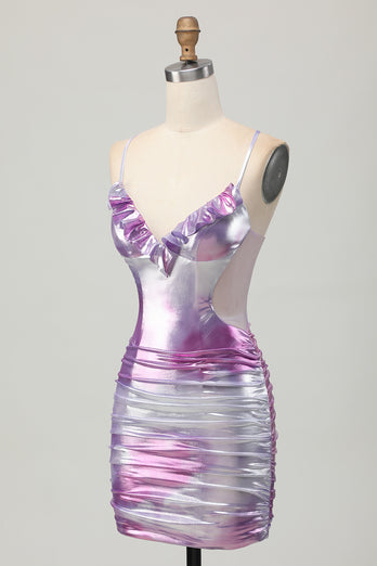 Silver Purple Metallic Bodycon Spaghetti Straps Short Homecoming Dress