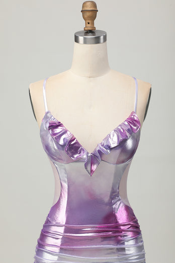 Silver Purple Metallic Bodycon Spaghetti Straps Short Homecoming Dress