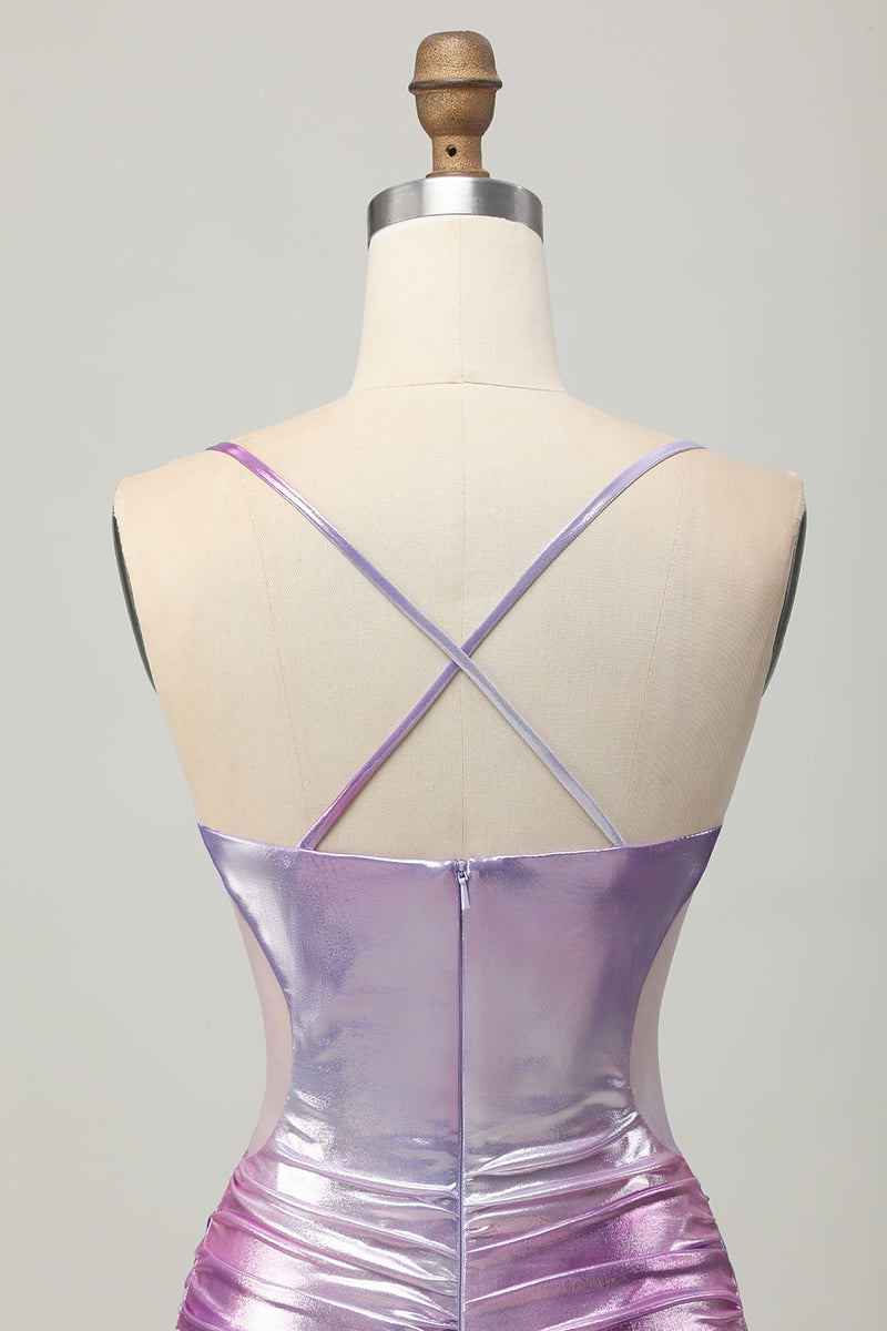 Load image into Gallery viewer, Silver Purple Metallic Bodycon Spaghetti Straps Short Homecoming Dress