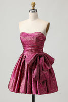 Load image into Gallery viewer, Dark Purple Strapless A Line Metallic Short Homecoming Dress with Bow