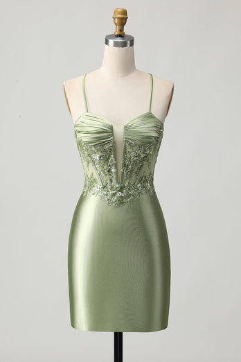 Sparkly Sage Green Short Tight Corset Satin Homecoming Dress