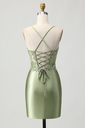Sparkly Sage Green Short Tight Corset Satin Homecoming Dress