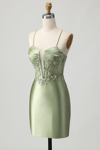 Sparkly Sage Green Short Tight Corset Satin Homecoming Dress