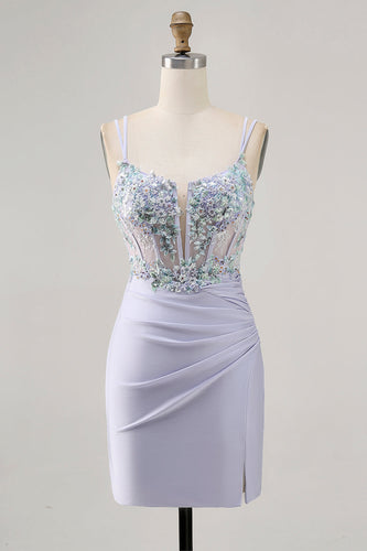 Lavender Floral Short Corset Satin Homecoming Dress with Lace