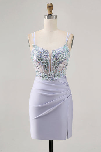 Lavender Floral Short Corset Satin Homecoming Dress with Lace