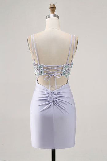 Lavender Floral Short Corset Satin Homecoming Dress with Lace