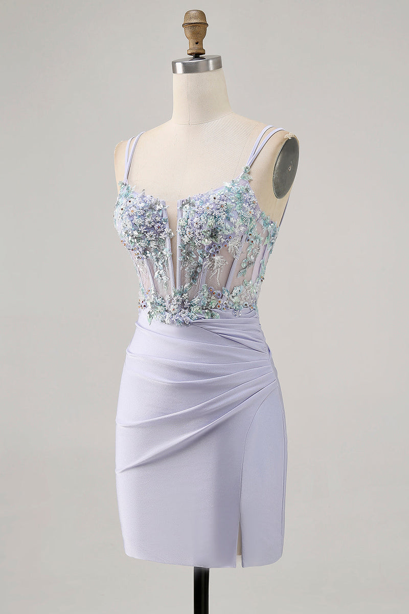 Load image into Gallery viewer, Lavender Floral Short Corset Satin Homecoming Dress with Lace