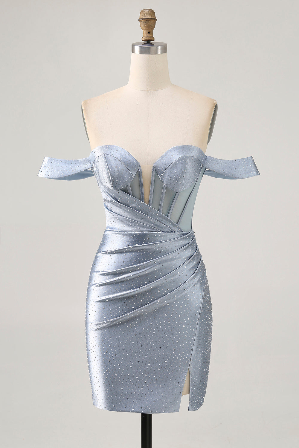 Sparkly Dusty Blue Short Satin Corset Tight Homecoming Dress with Beading