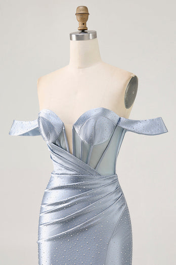 Sparkly Dusty Blue Short Satin Corset Tight Homecoming Dress with Beading