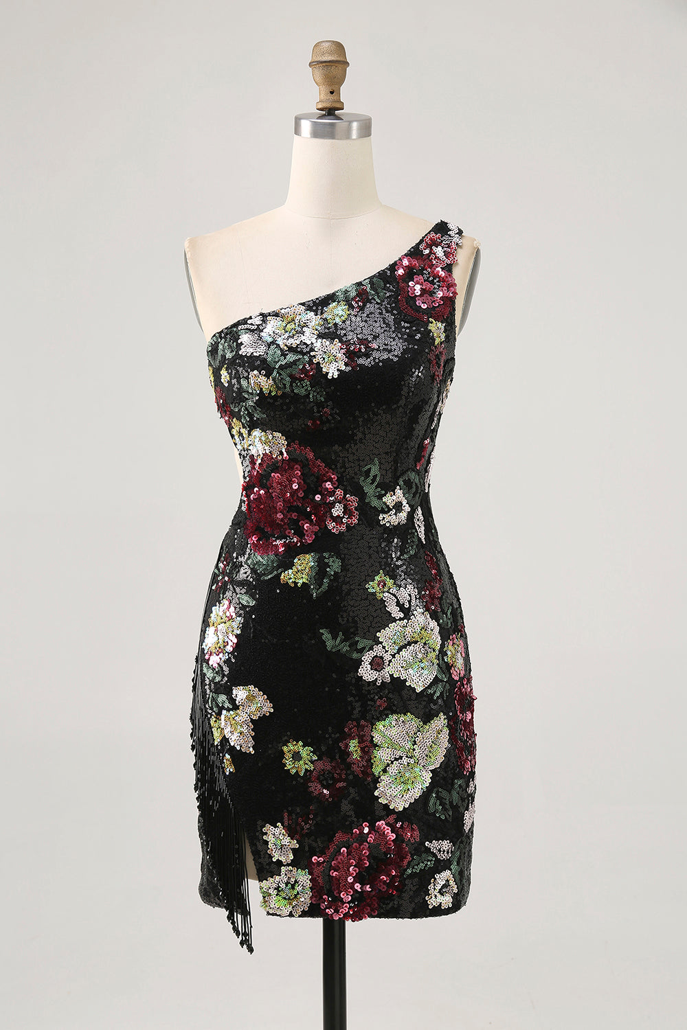 Sparkly One Shoulder Black Sequin Floral Short Homecoming Dress with Fringes