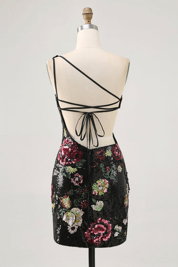Sparkly One Shoulder Black Sequin Floral Short Homecoming Dress with Fringes