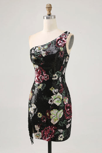 Sparkly One Shoulder Black Sequin Floral Short Homecoming Dress with Fringes