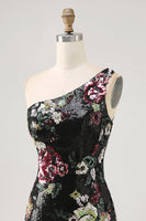 Load image into Gallery viewer, Sparkly One Shoulder Black Sequin Floral Short Homecoming Dress with Fringes