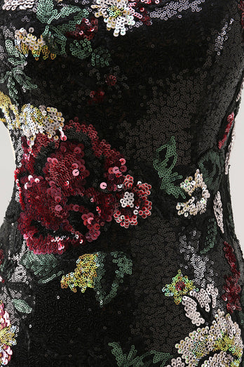 Sparkly One Shoulder Black Sequin Floral Short Homecoming Dress with Fringes