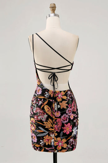Sparkly Black Sequin Floral Embroidery Short Homecoming Dress