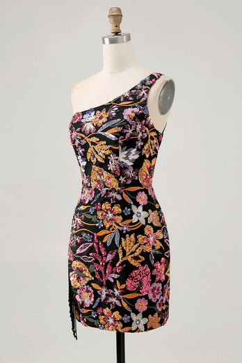 Sparkly Black Sequin Floral Embroidery Short Homecoming Dress