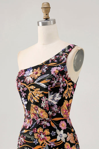 Sparkly Black Sequin Floral Embroidery Short Homecoming Dress