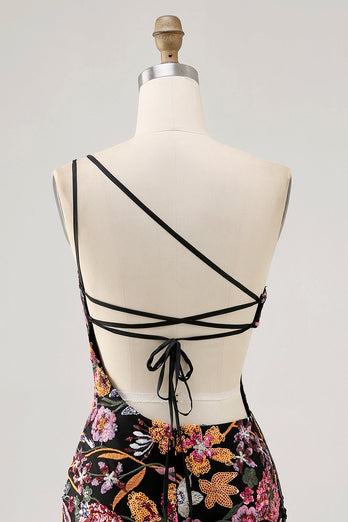 Sparkly Black Sequin Floral Embroidery Short Homecoming Dress