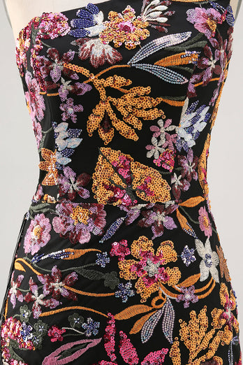 Sparkly Black Sequin Floral Embroidery Short Homecoming Dress