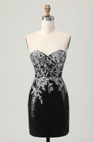 Load image into Gallery viewer, Sparkly Black Silver Sweetheart Tight Sequins Short Homecoming Dress