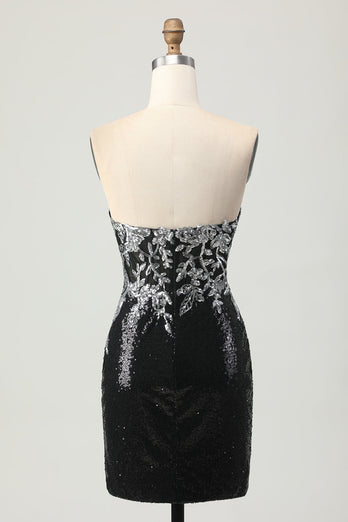 Sparkly Black Silver Sweetheart Tight Sequins Short Homecoming Dress