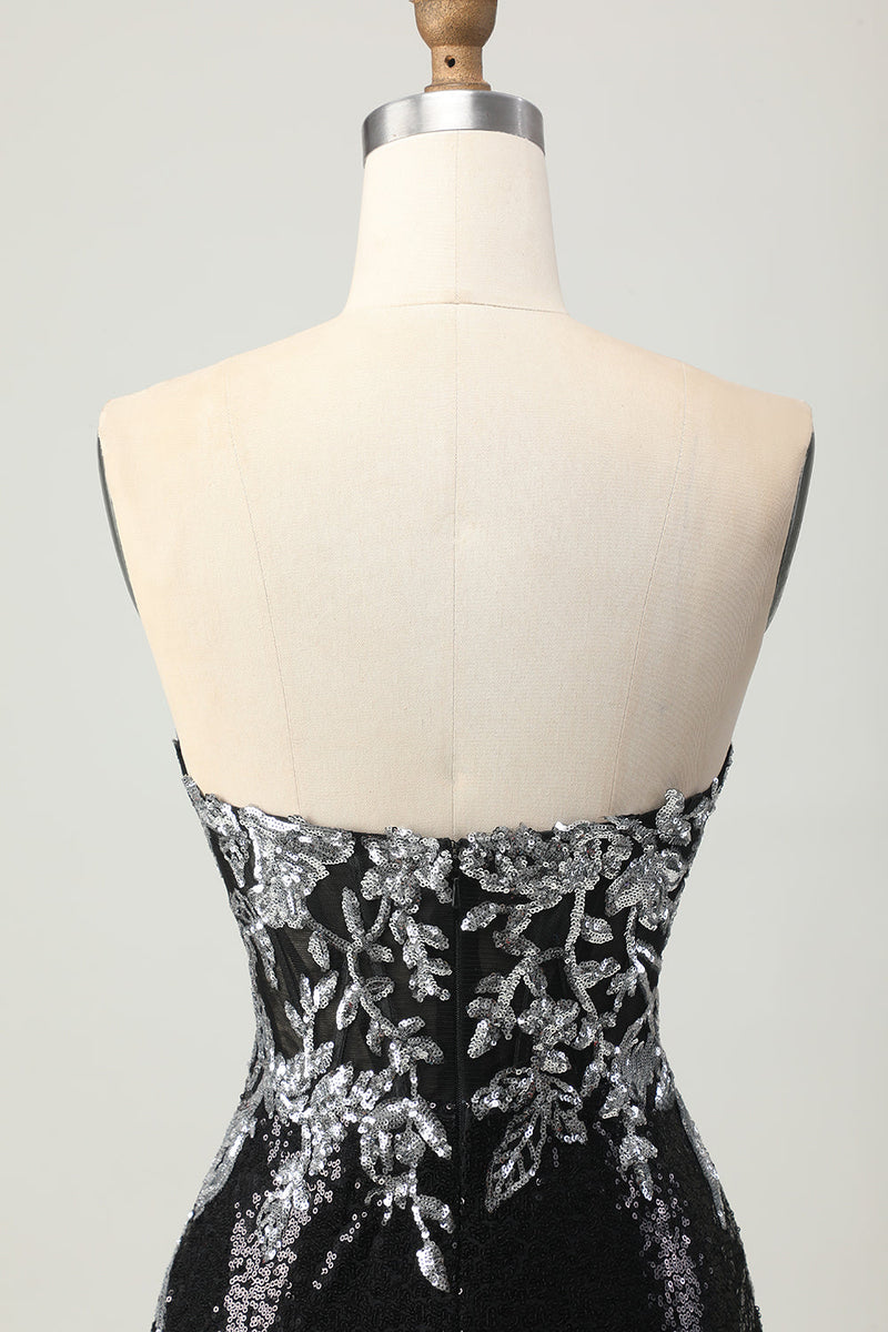 Load image into Gallery viewer, Sparkly Black Silver Sweetheart Tight Sequins Short Homecoming Dress