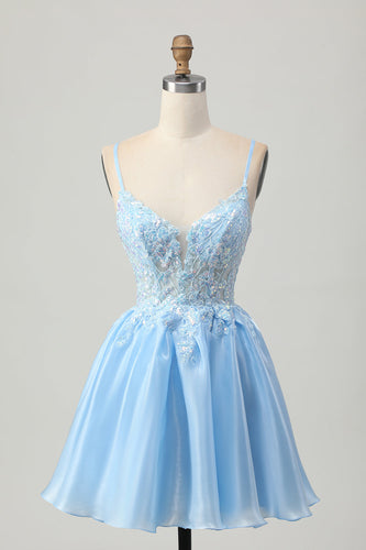 Sparkly Blue A Line Short Corset Homecoming Dress with Lace