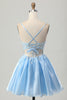 Load image into Gallery viewer, Sparkly Blue A Line Short Corset Homecoming Dress with Lace