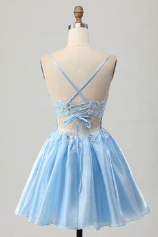 Sparkly Blue A Line Short Corset Homecoming Dress with Lace