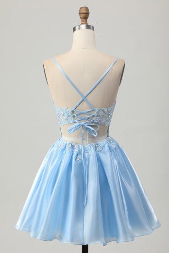 Sparkly Blue A Line Short Corset Homecoming Dress with Lace